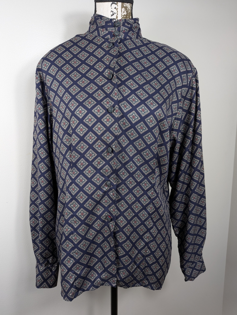 The Villager Navy Blue Vintage High Band Collar Button Up Longsleeve Blouse 10